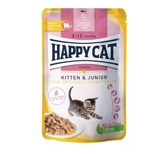Hovedbilde Happy Cat Pouches Kitten & Junior M/Fugl 85g